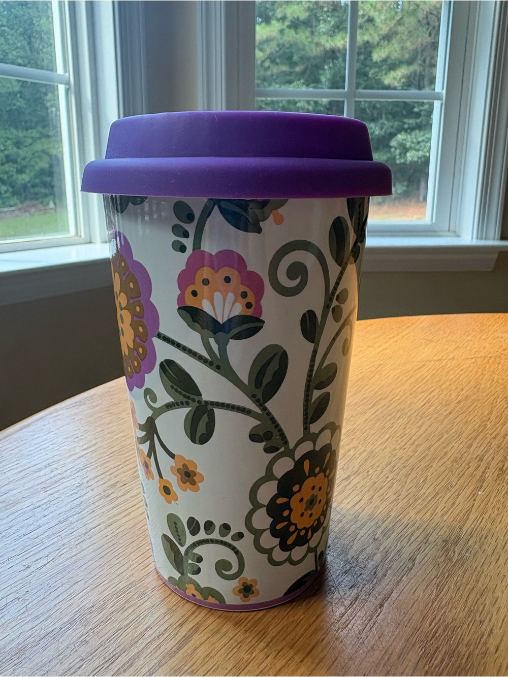 Longaberger Floral Travel Mug with Purple Lid and Green Accents
